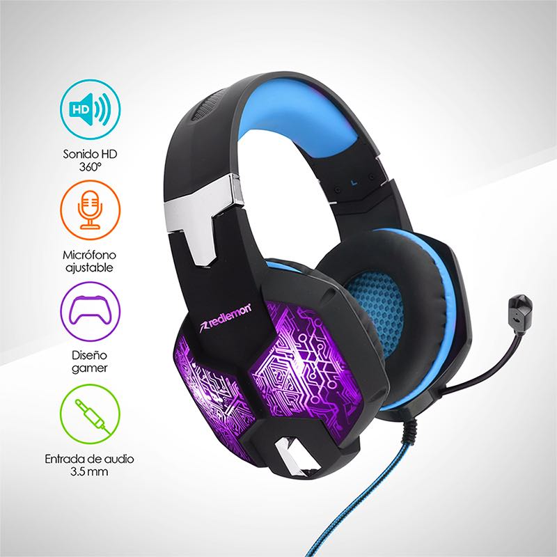 Audífonos Gamer Pro Luz LED RGB Sonido HD 360 G2500 Redlemon.