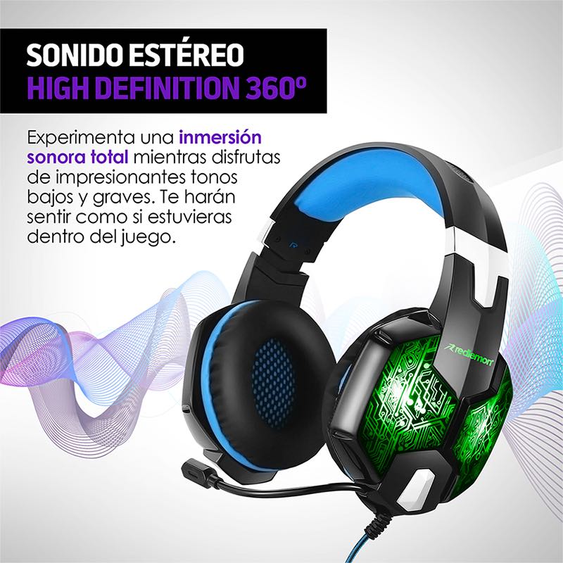 Audífonos Gamer Pro Luz LED RGB Sonido HD 360 G2500 Redlemon.