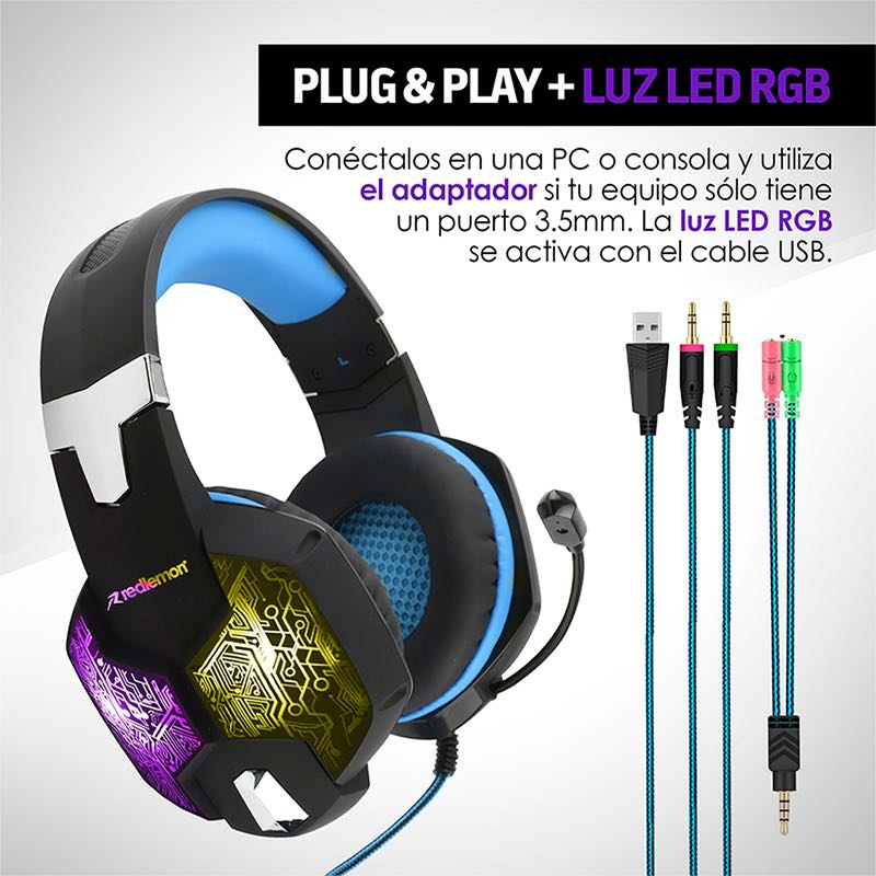 Audífonos Gamer Pro Luz LED RGB Sonido HD 360 G2500 Redlemon.