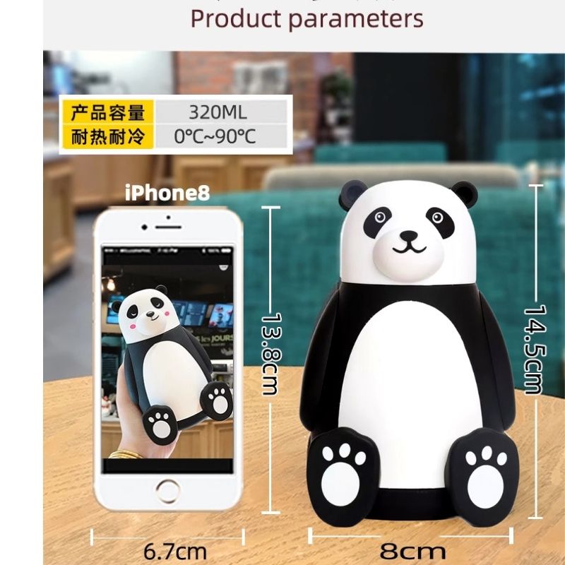 Termo Botella Vidrio Diseño Oso Panda, LBP, 320ml (10.8oz) -Blanco/Negro