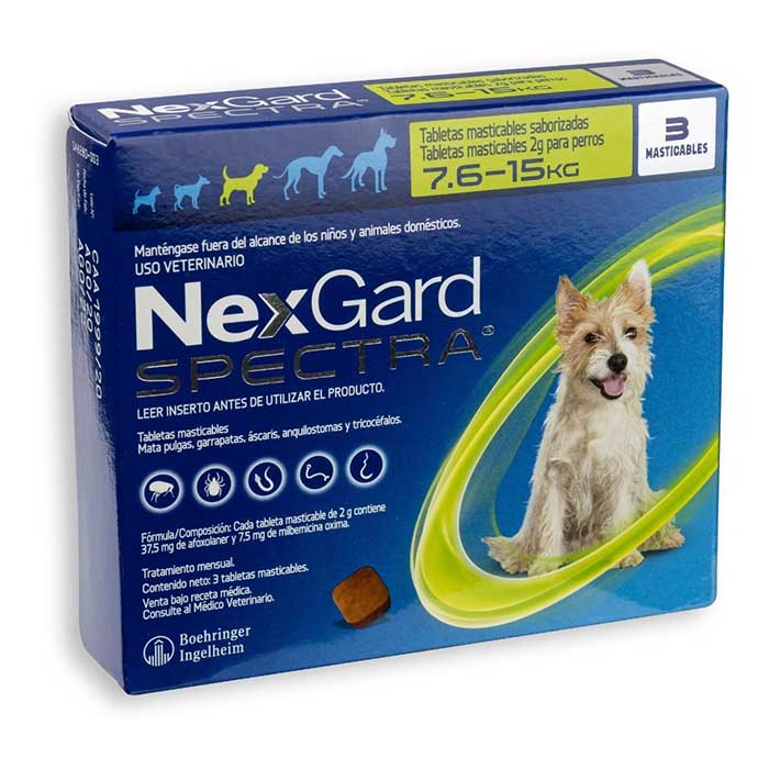 Nex Gard (7,6 - 15 Kg) Mata garrapatas, pulgas, áscaris, anquilostomas y tricocéfalos (3 Pastillas Saborizadas) 