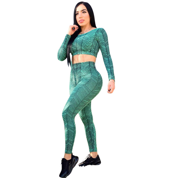 Set 2 Piezas Leggins Push Up Anti-Celulitis y Blusa Manga Larga, Menta con Negro Unitalla