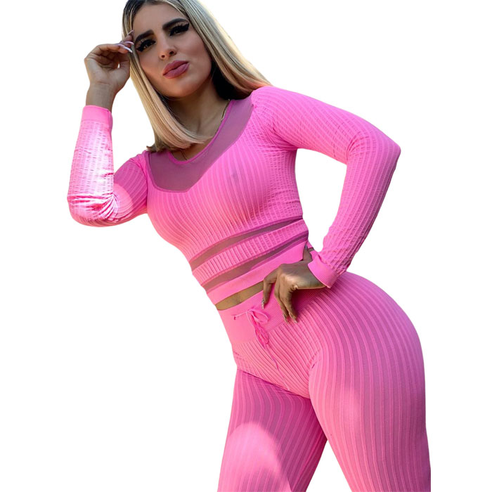  Set 2 Piezas Leggins Push Up Anti-Celulitis Y Blusa Manga Larga Transparencia Rosa Unitalla