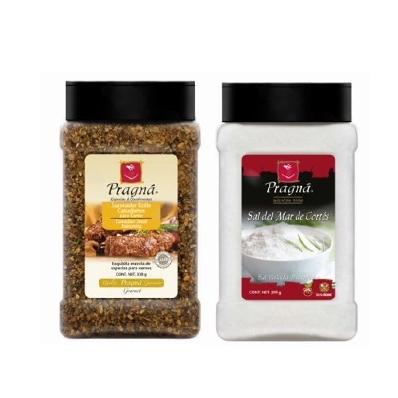 Pragna 2 PZ: Sazonador P/carne 330 Gr Y Sal De Mar de cortes 500 Gr