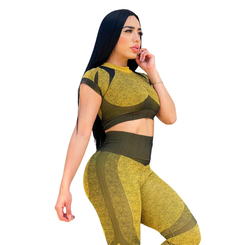 Set 2 Piezas Leggins Push Up Anti-Celulitis y Blusa Manga Corta Amarillo unitalla