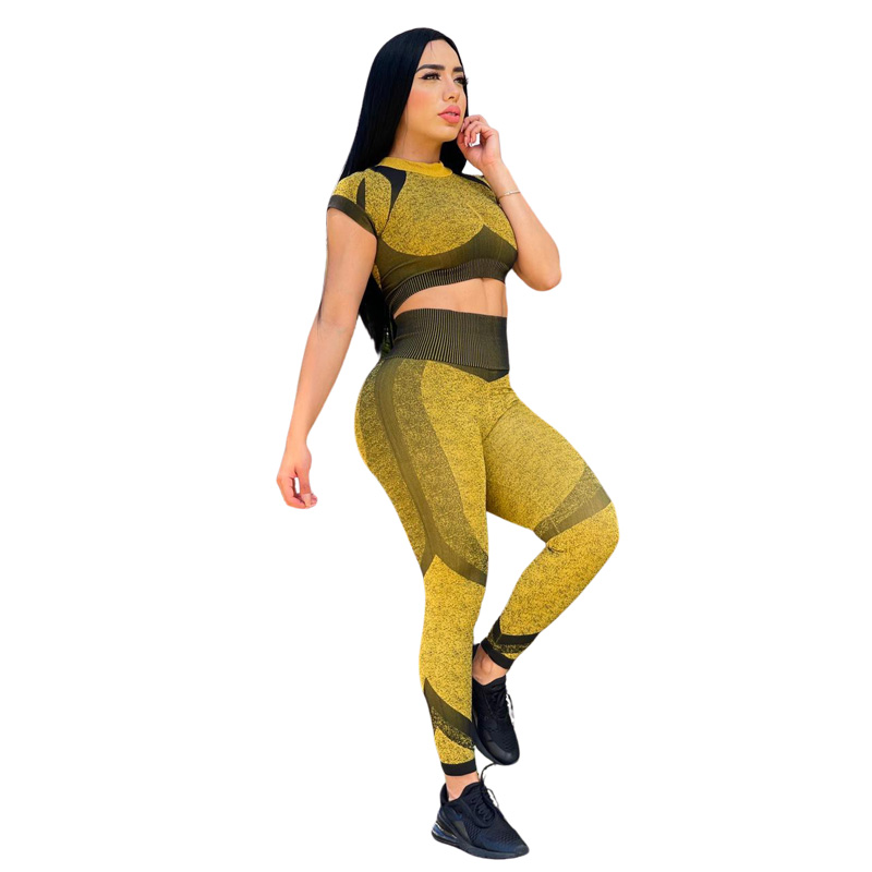 Set 2 Piezas Leggins Push Up Anti-Celulitis y Blusa Manga Corta Amarillo unitalla