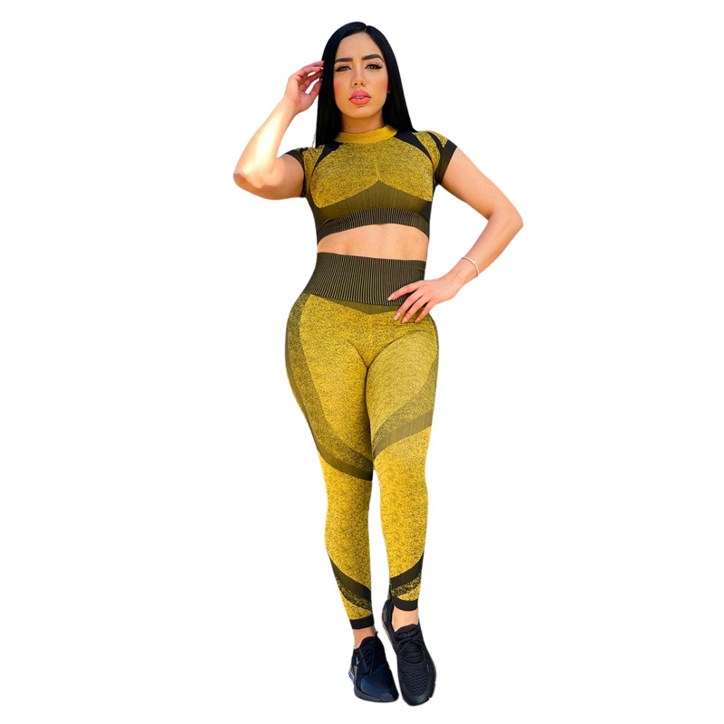 Set 2 Piezas Leggins Push Up Anti-Celulitis y Blusa Manga Corta Amarillo unitalla