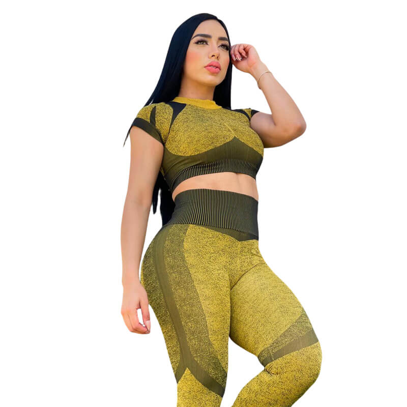 Set 2 Piezas Leggins Push Up Anti-Celulitis y Blusa Manga Corta Amarillo unitalla