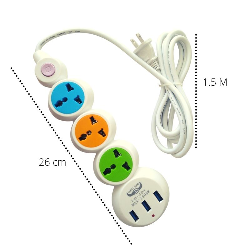 Multicontacto Universal 3 Contactos 3 Puertos USB, LPB, Cable 1.5m -Colores