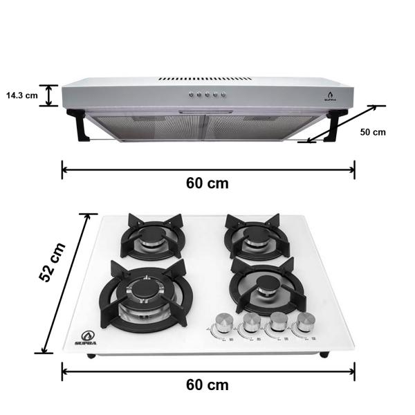 Combo campana extractora de 60 cm en color blanco y parrilla empotrable para gas SUPRA LODI campana de pared acero básica con parrilla de 60 cm cubierta templado color blanco.