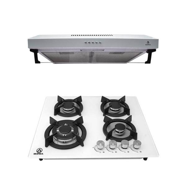 Combo campana extractora de 60 cm en color blanco y parrilla empotrable para gas SUPRA LODI campana de pared acero básica con parrilla de 60 cm cubierta templado color blanco.