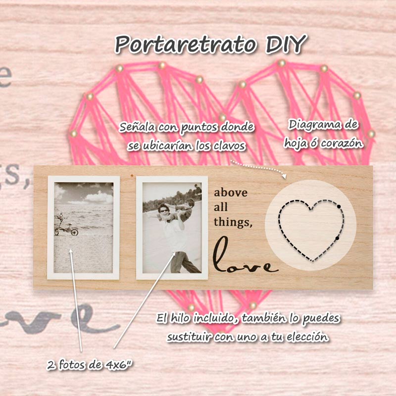 Portaretrato Madera 4x6 Diy Hilo Fotos Niños Bebes Corazon , Hoja  Decoracion Hogar Regalo 