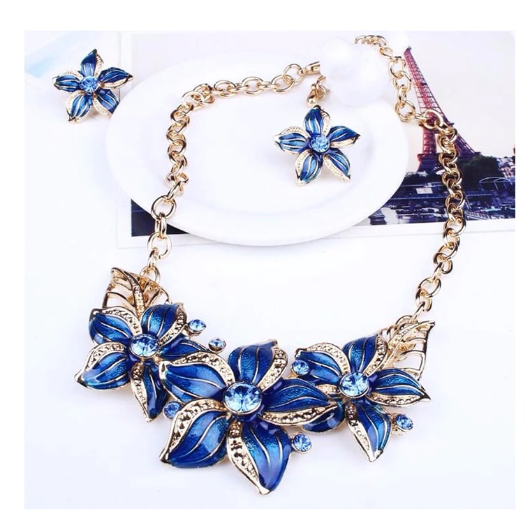 Collar Mujer Cristal Austriaco Joyas Flores Color Azul