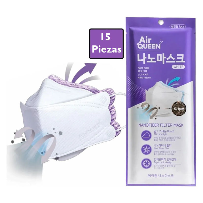 Cubrebocas 15pz Kf94 Coreano Filtro Nanofibra Clip Air Queen Reutilizable