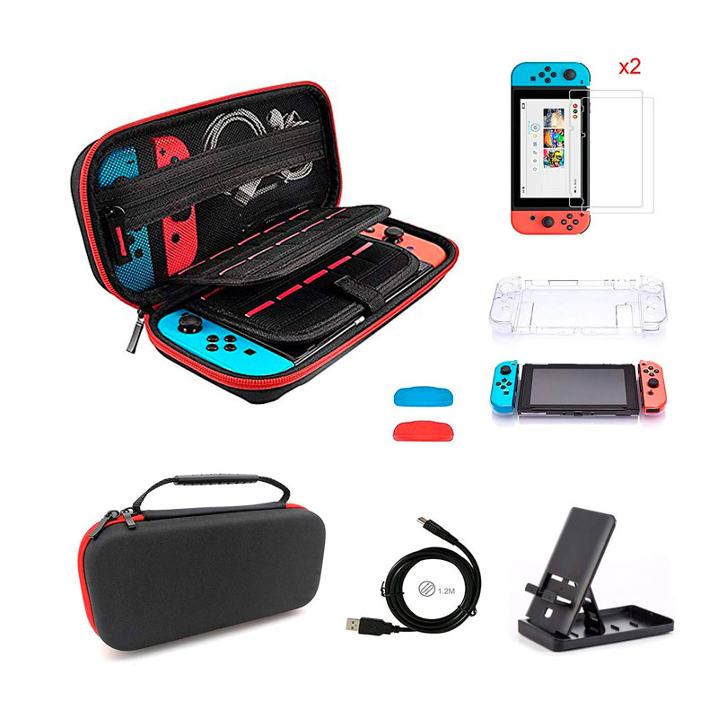Kit de Accesorios para Nintendo Switch Estuche rígido + Funda Protectora de TPU Transparente + Película de Vidrio Templado