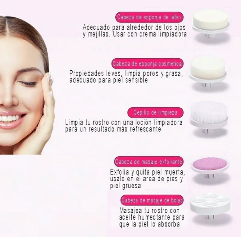Cepillo Limpiador Facial Electrico Exfoliante 5 en 1 Rosa Beauty Care