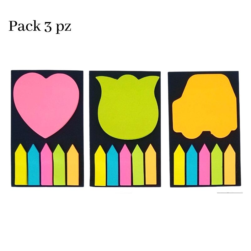 3 Pack Notas Adhesivas Post Its Figuras Neon, LBP, 5 Separadores -Colores