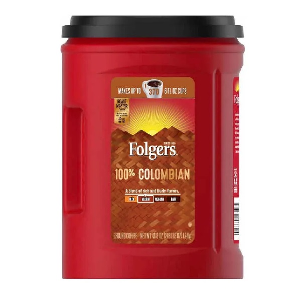Café Folgers Colombiano Tostado Medio Bote Jumbo 1.24 kg, Rinde 370 Tazas Importado