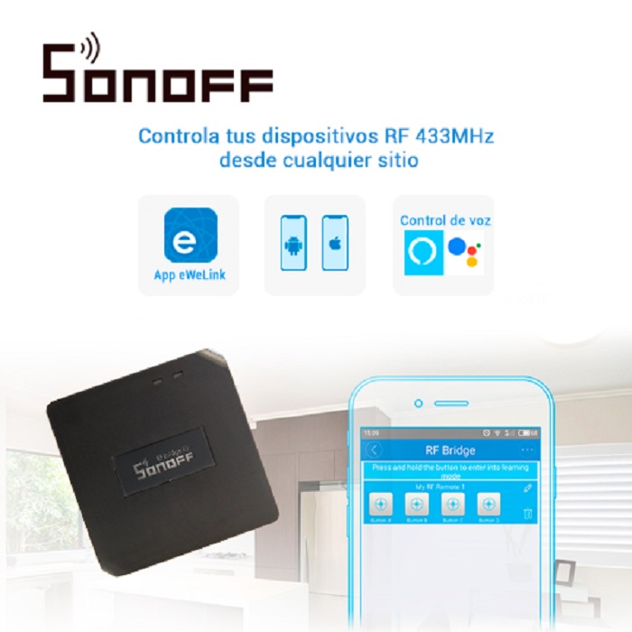 COMUNICADOR RF SONOFF RFBRIDGE433 SMART INALAMBRICO WIFI PARA IOS Y ANDROID COMPATIBLE CON ALEXA/GOOGLE HOME/NEST/IFTTT WIFI 2.4GHZ HASTA 16 DISPOSITIVOS RF 433 MHZ SOPORTA CONTROL REMOTO PARA INTERIOR DE 433MHZ (MODELO REMOTE 433 NO INCLUIDO)