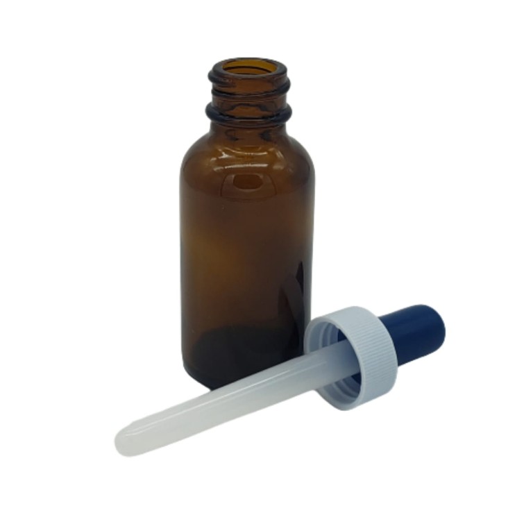 Envase Frasco Vidrio Ámbar 30ml con gotero plástico blanco/azul