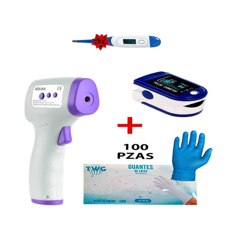 KIT Termómetro digital infrarrojos + Pulse Oxi­metro + Caja de guantes de Latex + regalo termómetro digital/ tecnología de escaneo inteligente sin contacto