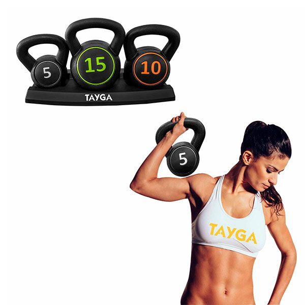 Tayga set pesas rusas kettlebells 5,10,15 lb con base 