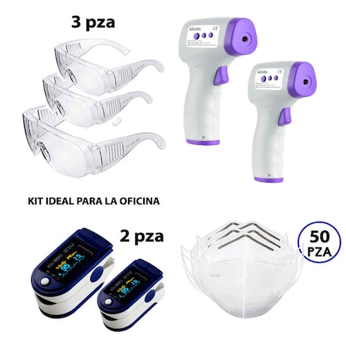 KIT 2 Termómetro digital infrarrojos + 2 Pulse Oxímetro + 50 cubrebocas + 3 Gafas protectoras UV/  tecnología de escaneo inteligente sin contacto