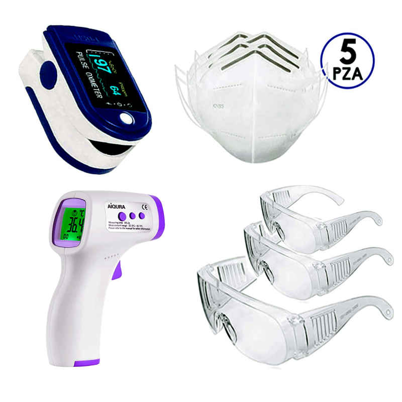 KIT Termómetro digital infrarrojos + Pulse Oxímetro + 5 Cubrebocas KN95 + 3 Gafas Lentes Protectoras Uv/  tecnología de escaneo inteligente sin contacto
