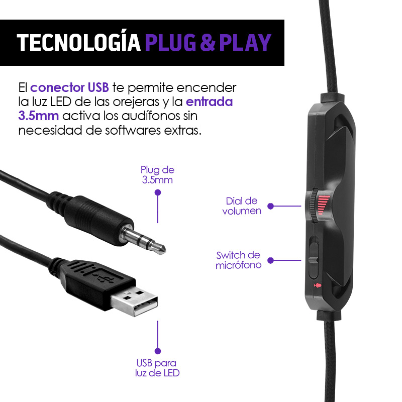 Audífonos Gamer Sonido HD 360 Aux. 3.5mm Mod. G9500 Redlemon
