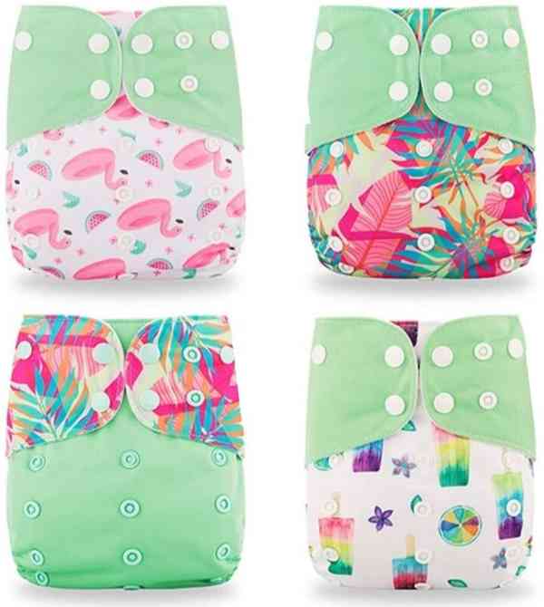 Pañales Ecológicos de Tela para Bebes Kit de 4 Pañales y 8 Insertos, Tamaño Único, Ajustables, Divertidos Diseños, Super-Absorbentes, Lavables. (Verde Claro)