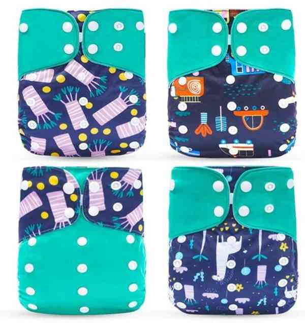 Pañales Ecológicos de Tela para Bebes Kit de 4 Pañales y 8 Insertos, Tamaño Único, Ajustables, Divertidos Diseños, Super-Absorbentes, Lavables. (Aqua)