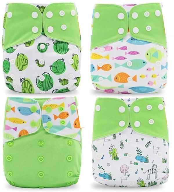 Pañales Ecológicos de Tela para Bebes Kit de 4 Pañales y 8 Insertos, Tamaño Único, Ajustables, Divertidos Diseños, Super-Absorbentes, Lavables. (Aqua)