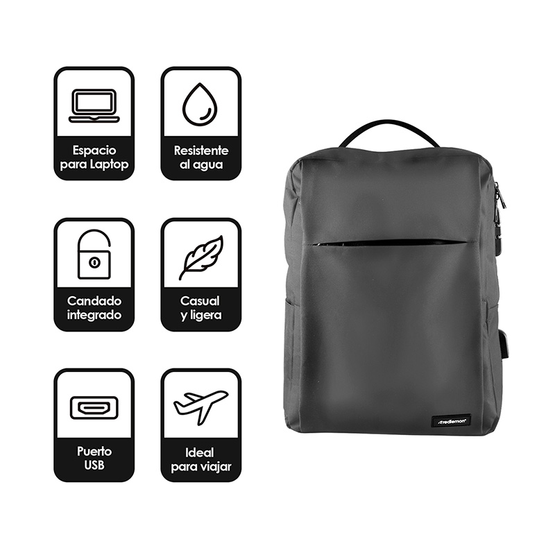 Mochila para Laptop Antirrobo con Candado, Puerto USB para Power Bank, Contra Agua, Ideal para Viaje Redlemon
