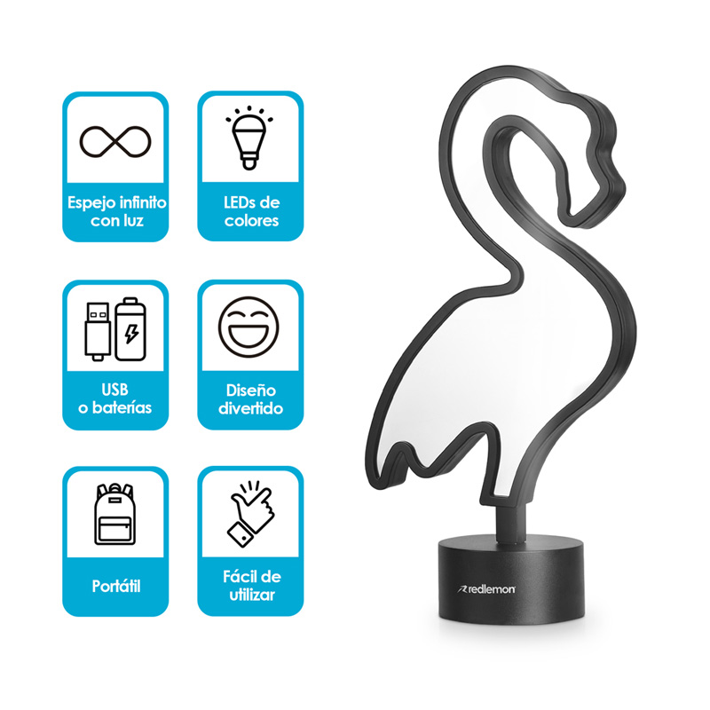 Lámpara Espejo Infinity 3D LED Colores USB Baterías Flamingo Redlemon.