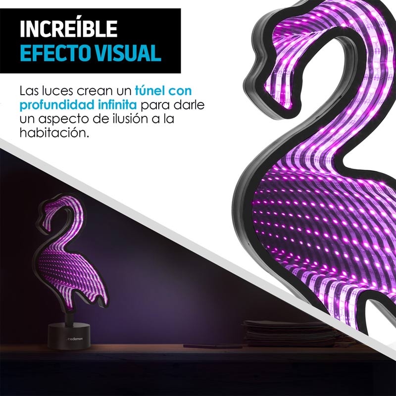 Lámpara Espejo Infinity 3D LED Colores USB Baterías Flamingo Redlemon.