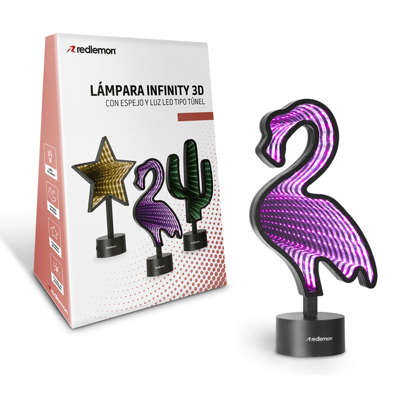 Lámpara Espejo Infinity 3D LED Colores USB Baterías Flamingo Redlemon.