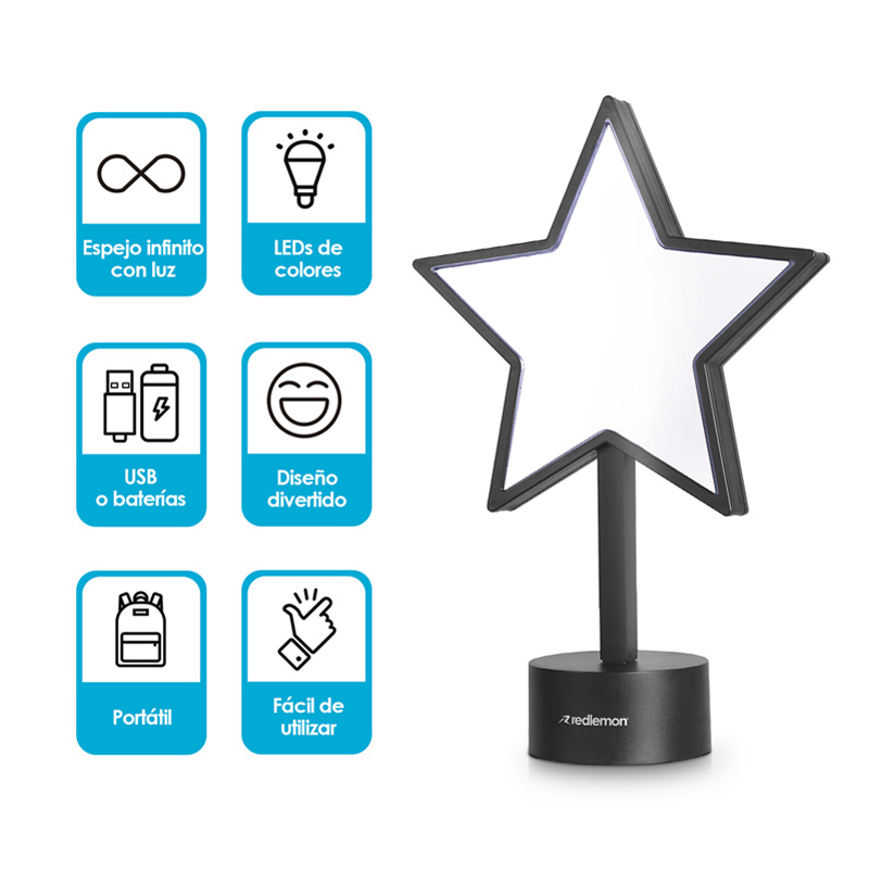 Lámpara Espejo Infinity 3D LED Colores USB Baterías Star Redlemon.