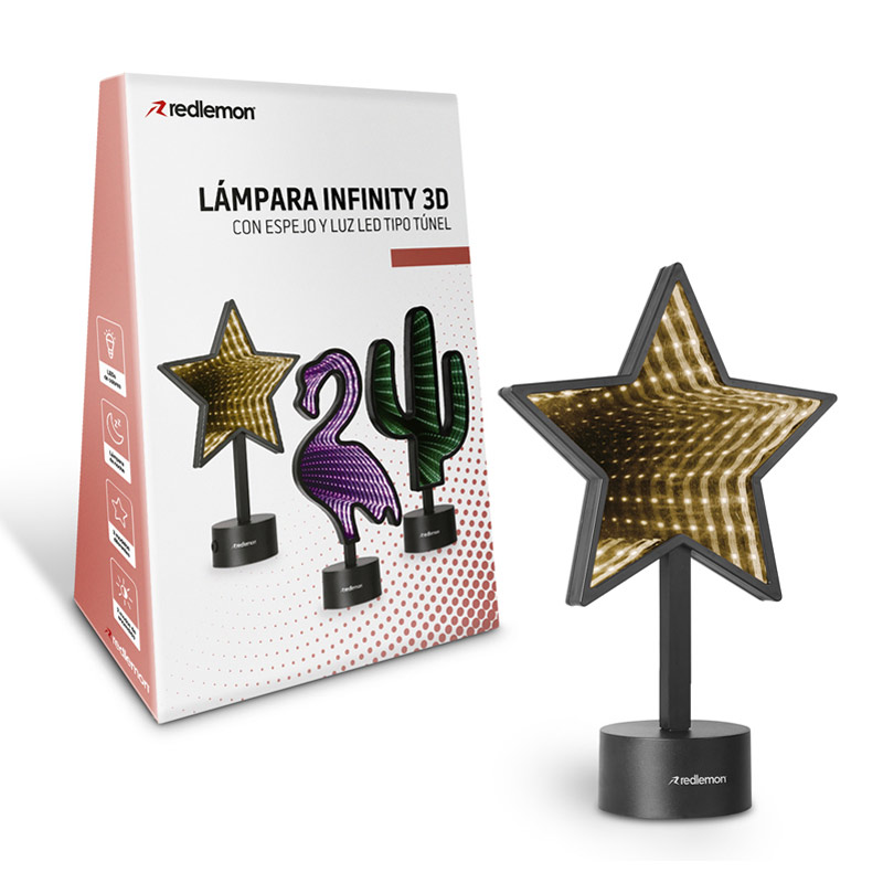 Lámpara Espejo Infinity 3D LED Colores USB Baterías Star Redlemon.