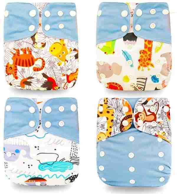 Pañales Ecológicos de Tela para Bebes Kit de 4 Pañales y 8 Insertos, Tamaño Único, Ajustables, Divertidos Diseños, Super-Absorbentes, Lavables. (Azul Claro)