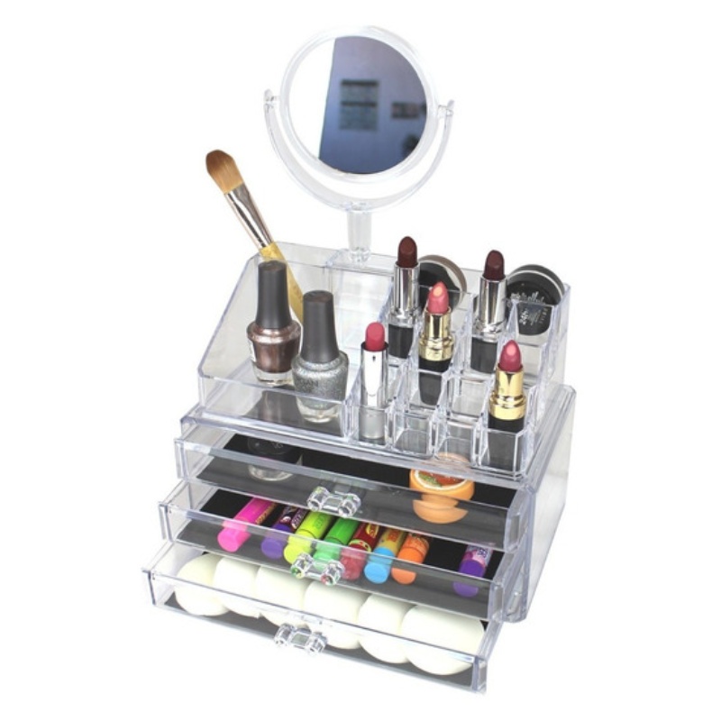 Organizador Para Maquillaje Con Espejo de Acrílico Caja Organizadora Cosmetiquera - 3 piezas