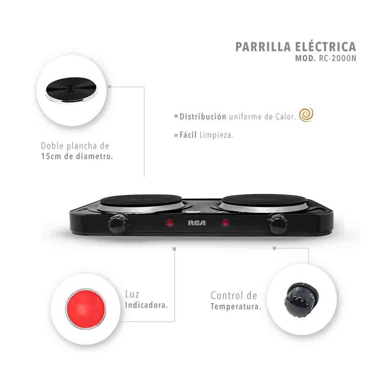 Parrilla Eléctrica Doble Con Potencia De 2000W RCA RC2000N - Negro