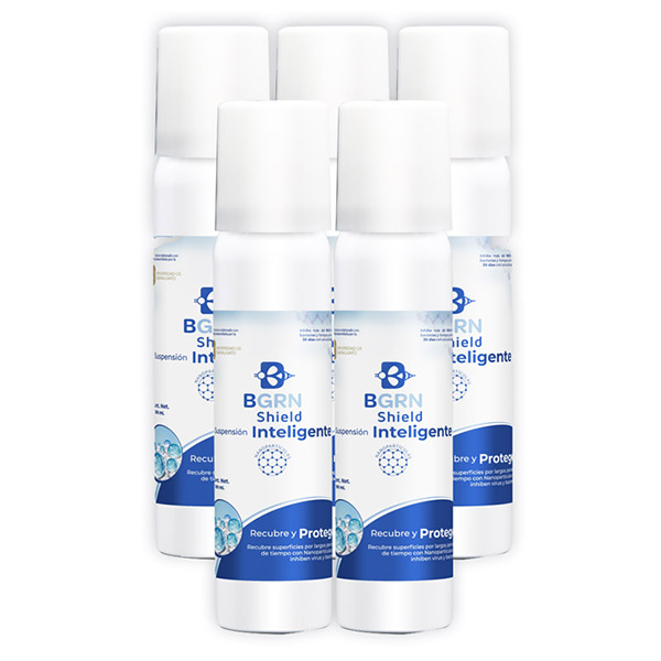 Set 5 Piezas. BGrn Shield, Desinfectante Antiviral por tiempo prolongado en Aerosol, 250ml. 