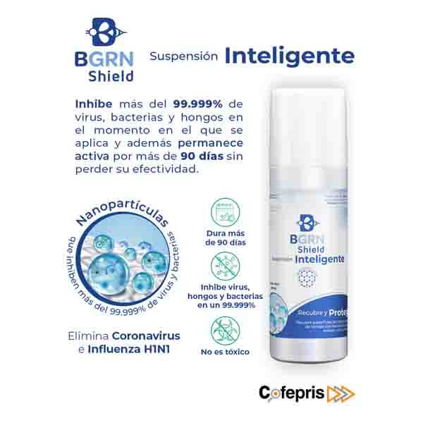 Set 5 Piezas. BGrn Shield, Desinfectante Antiviral por tiempo prolongado en Aerosol, 250ml. 