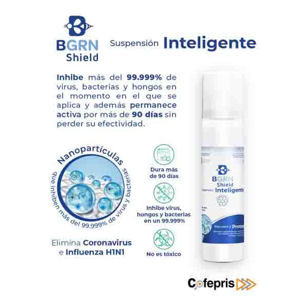 Set 5 Piezas. BGrn Shield, Desinfectante Antiviral por tiempo prolongado en Aerosol, 100ml.