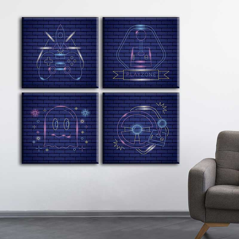 SET 4 CUADROS GAMERS AZULES CON BASTDOR DE MADERA MYCO