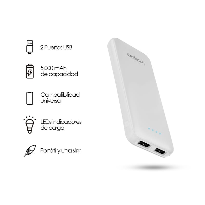 Power Bank 5000mah Batería Portátil Ultra Slim 2 Puertos USB Redlemon