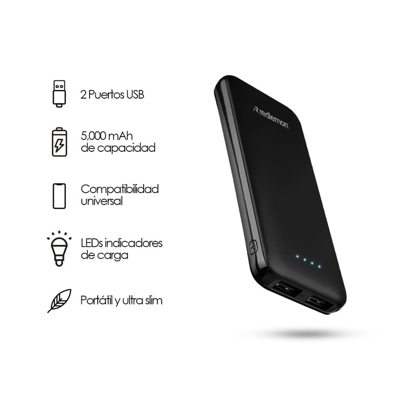 Power Bank 5000mah Batería Portátil Ultra Slim 2 Puertos USB Redlemon.