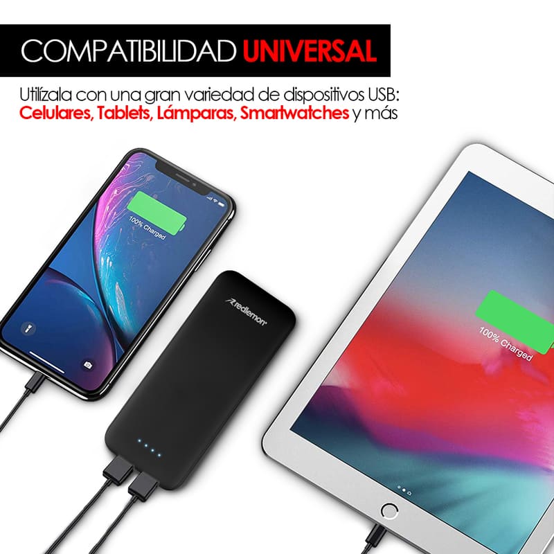 Power Bank 5000mah Batería Portátil Ultra Slim 2 Puertos USB Redlemon.