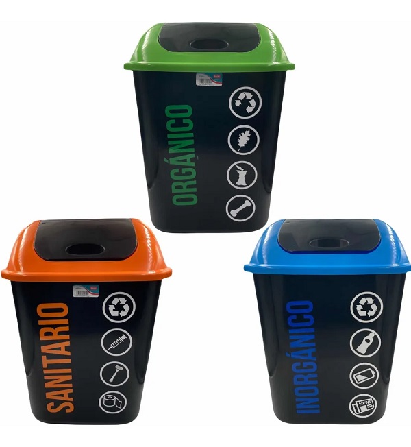 Kit 3 Botes de basura 24 litros con tapa balancin Organico Inorganico y Sanitario