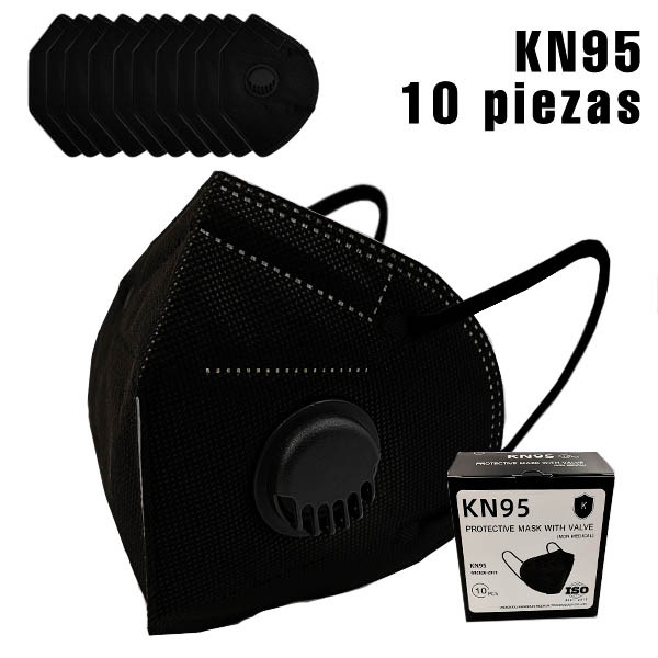 10 piezas Cubrebocas KN95 Color Negro Con 5 Capas De Protección En Paquete Individual Con Válvula